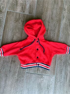 Vintage Newborn Red Hooded Jacket with Striped Trim - Like New